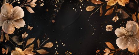 Elegant hand-drawn vintage floral frame on a black canvas, enhanced with sparkling gold dust, perfect for creating refined and stylish designs.の素材