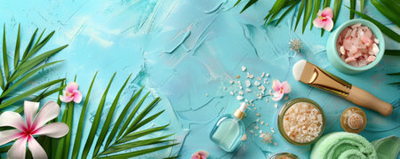 Top down view of beauty products for spa treatments on a colorful surface with tropical foliage. The layout offers plenty of space for text or creative elements.の素材