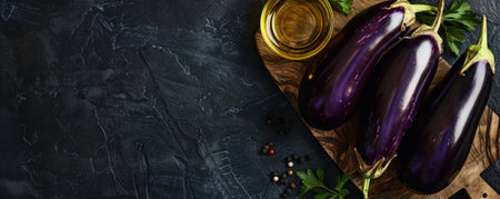 Top view of eggplants and oil on a wood board against a black background. The vibrant eggplants add a pop of color, promoting healthy eating. Text space available.の素材