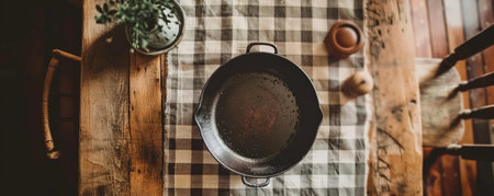Top down view of a cozy kitchen setup with a checkered tablecloth and an old pan on a wooden table. The arrangement captures a vintage, homely feel.の素材