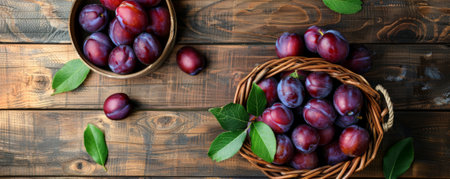 A wooden basket brimming with nutritious plums, top view, with text space on a rustic wooden table background.の素材