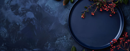 Festive scene with a blank navy blue plate on a navy blue table, viewed from above. The deep navy blue provides a classic look. Space for text is included.の素材