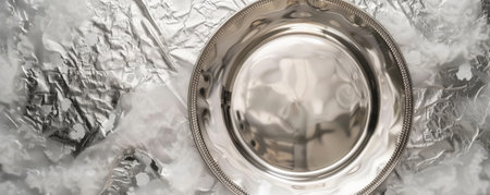 Party design with a blank silver plate on a silver table, seen from above. The metallic silver adds a touch of glam. Text space available.の素材