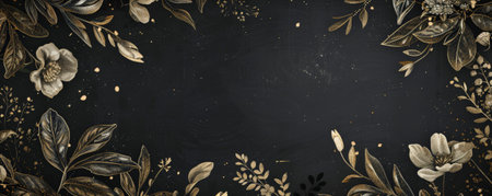Elegant hand-drawn vintage floral frame on a black canvas, enhanced with sparkling gold dust, perfect for creating refined and stylish designs.の素材