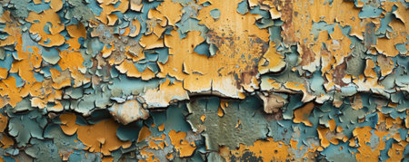 Peeling paint and rust on an old metal surface, featuring a distressed look with intricate patterns in a grunge style.の素材