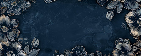 Vintage floral frame intricately hand-drawn on a navy dust background, ideal for adding a touch of elegance to various designs.の素材