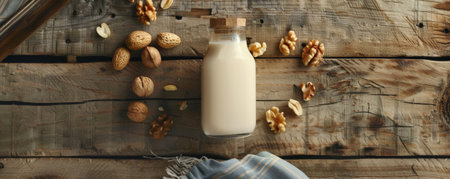 Overhead shot of a bottle of nut milk on a wooden background, with a few scattered nuts. The natural wood texture contrasts beautifully with the creamy, nutritious milk.の素材