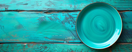 Festive scene with a blank turquoise plate on a turquoise table, viewed from above. The vibrant turquoise evokes a tropical feel. Text space available.の素材