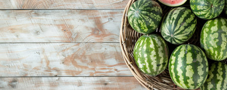 Fresh organic watermelons in a wooden basket, top-down view, with ample space for text on a light wooden surface.の素材