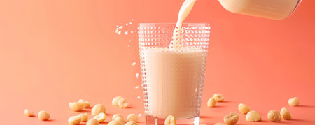 Macadamia milk being poured from a glass bottle into a glass, with macadamia nuts around, on a vibrant coral background. The lively color makes the milky look even more appealing.の素材