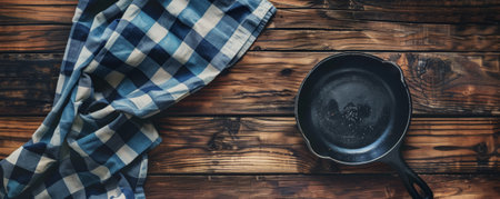 Aerial shot of a wooden table with a checkered tablecloth and an old pan, creating a cozy and vintage kitchen atmosphere.の素材