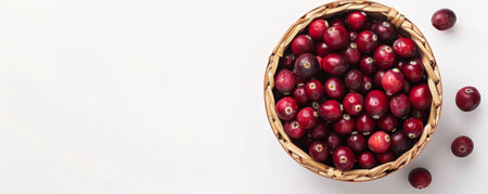 Fresh organic cranberries in a wooden basket, viewed from above, with space for text on a clean, white background.の素材