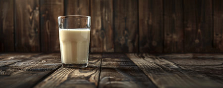 Milk in a glass set against a dark wooden background, with light reflections. The contrast between the milk and the wood creates an elegant and sophisticated look.の素材