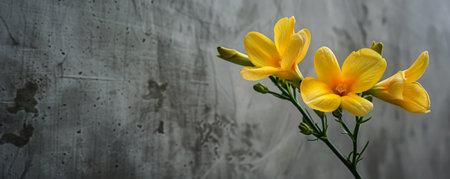 A freesia with a concrete backdrop and an empty wall. The delicate yellow petals and slender stems add a touch of elegance to the stark, gray background.の素材