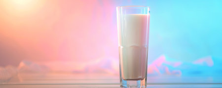 Glass of milk against a pastel color background, creating a soft and inviting look that highlights the milk's creamy and wholesome quality.の素材