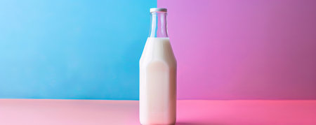 Milk in a transparent bottle against a striking color background. The contrast between the white milk and the vibrant colors creates a fresh and modern look.の素材
