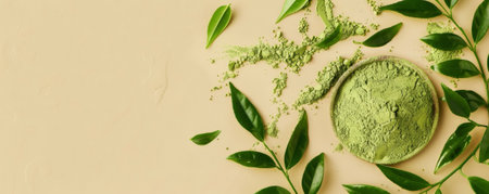 Mockup of matcha tea powder with leaves on a light olive background, offering a natural and earthy design with room for text or graphics.の素材
