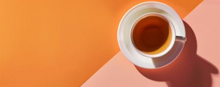 Mockup. Hot tea on a pastel orange background, offering a cheerful and lively backdrop for your creative projects.の素材