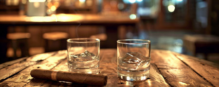 Two glasses of gin and a cigar on a wooden table. Concept Gin, Cigar, Wooden Table, Relaxation, Enjoying Life.の素材