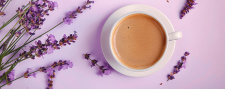Mockup. Hot coffee on a light lavender background, creating a soothing and elegant atmosphere for your design.の素材