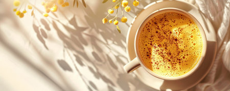Mockup. Hot turmeric latte on a soft cream background, offering a neutral and elegant backdrop for your creative projects.の素材