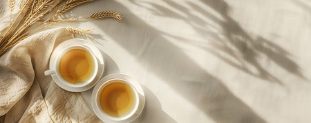Mockup. Hot white tea on a light sand background, providing a warm and neutral look with space for text or graphics.の素材