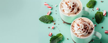 Mockup. Hot peppermint mocha on a soft teal background, providing a calm and sophisticated look with space for text or graphics.の素材