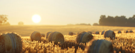 A sun-drenched agricultural field filled with cylindrical haystacks, against the backdrop of a clear and cloudless sky.の素材