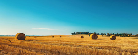 A vast golden field dotted with round haystacks under a clear blue sky, capturing the essence of rural life and harvest time.の素材