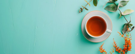 Mockup. Hot tea on a pale aqua background, offering a fresh and inviting backdrop for your creative projects.の素材
