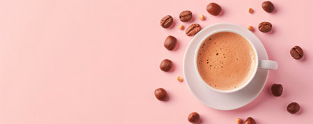 Mockup. Hot hazelnut coffee on a pale pink background, providing a sweet and delicate look with space for text or graphics.の素材