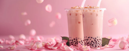 Mockup. Bubble tea on a pale rose background, creating a romantic and delicate atmosphere for your design.の素材