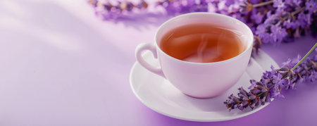 Mockup. Hot lavender tea on a soft lilac background, providing a delicate and soothing look with space for text or graphics.の素材