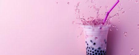 Mockup. Bubble tea on a pastel purple background, offering a soothing and elegant backdrop for your creative projects.の素材