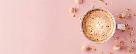 Mockup. Hot hazelnut coffee on a pale pink background, providing a sweet and delicate look with space for text or graphics.の素材