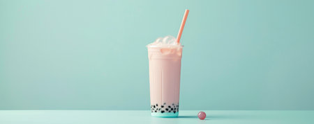 Mockup. Bubble tea on a pale aqua background, offering a fresh and inviting backdrop for your creative projects.の素材