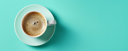 Mockup. Hot coffee on a soft teal background, providing a calm and sophisticated look with space for text or graphics.の素材
