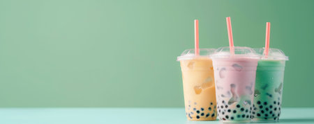 Mockup. Bubble tea on a pastel green background, creating a fresh and natural atmosphere for your design.の素材