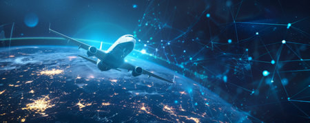 A digital representation of an airplane traversing a networked planet, embodying global aviation and technological innovations.の素材