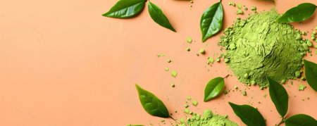 Mockup of matcha tea powder with leaves on a light peach background, creating a warm and inviting atmosphere for your design.の素材