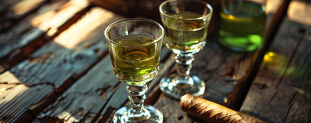 Two glasses of absinthe and a cigar on a wooden table. Concept Absinthe, Cigar, Wooden Table, Relaxation, Enjoying Life.の素材