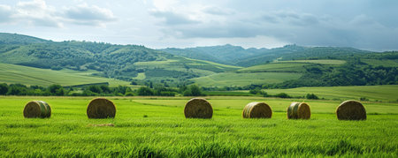 An expansive green field featuring neatly arranged haystacks, with a backdrop of rolling hills and a bright summer sky.の素材