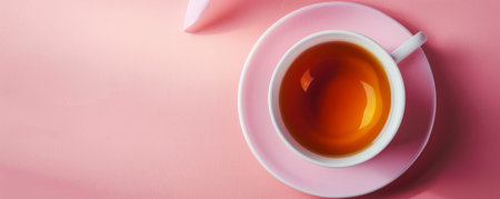 Mockup. Hot tea on a soft pink background, creating a warm and inviting atmosphere for your design.の素材
