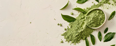 Mockup of matcha tea powder with leaves on a soft cream background, offering a neutral and versatile design with space for text or graphics.の素材