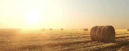 A sun-drenched agricultural field filled with cylindrical haystacks, against the backdrop of a clear and cloudless sky.の素材