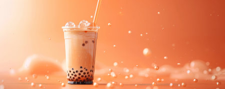 Mockup. Bubble tea on a peach background, offering a warm and inviting backdrop for your creative projects.の素材