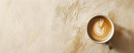 Mockup. Hot coffee on a light sand background, providing a warm and neutral look with space for text or graphics.の素材