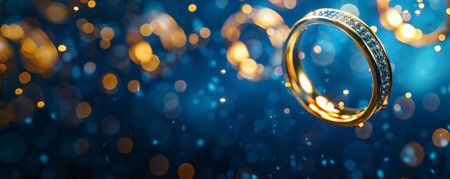 Gold rings floating in front of a deep blue background, highlighting their opulence and sophistication.の素材