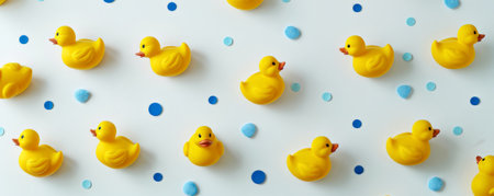 A cheerful backdrop with yellow rubber ducks arranged in a diagonal pattern on a white background with blue accents.の素材