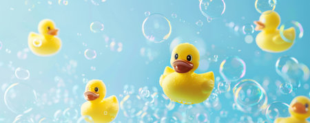 A background with yellow rubber ducks floating in a sea of bubbles on a light blue background, evoking a sense of fun and cleanliness.の素材